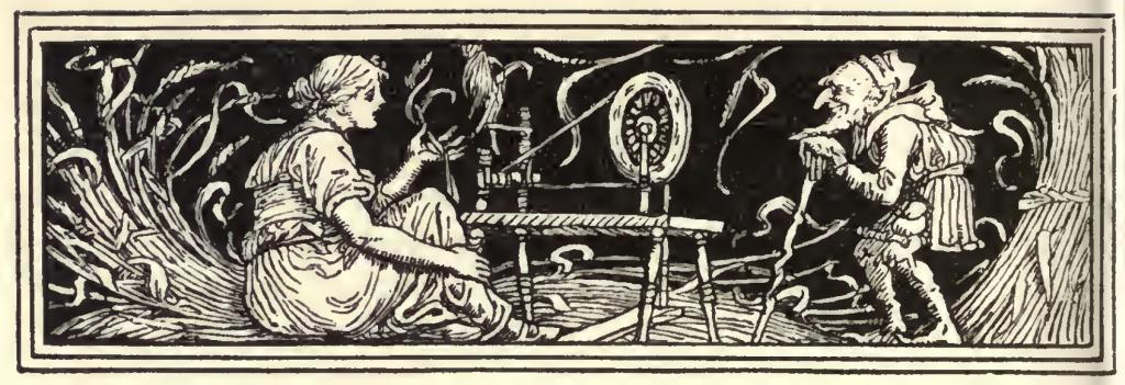 Line drawing illustration of Rumpelstiltskin and the future queen trying to spin straw into gold