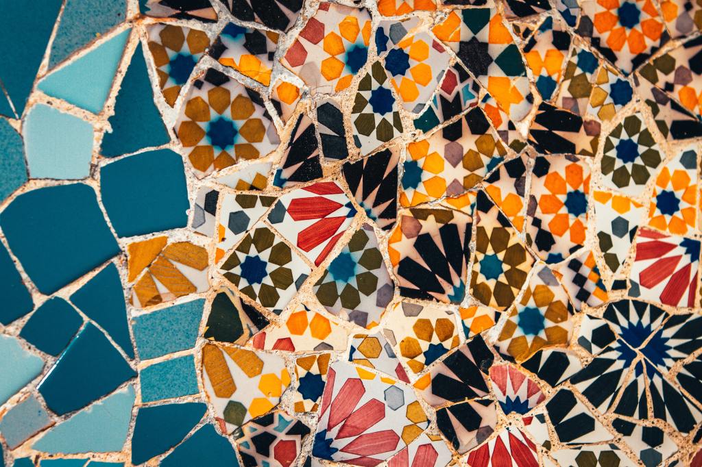 Blue, orange and white floral mosaic