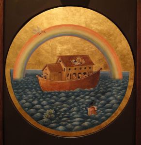 Round gold icon painted with a scene from the Biblical story of Noah's Ark