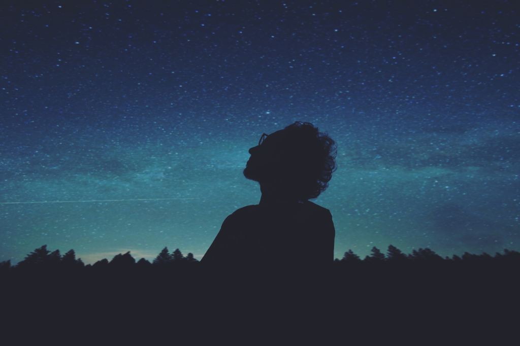 Silhouette of a person against a treeline looking up at a star-filled sky