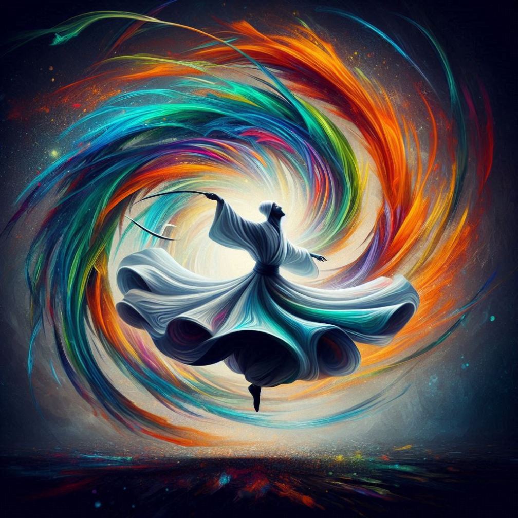 Whirling dervish with abstract brightly coloured ribbons swirling around