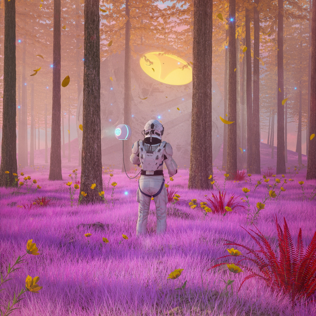 A person in a space suit standing in a field of purple flowers.