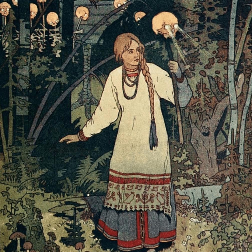 Illustration of a young woman in a dark wood, carrying a branch with a skull on top. The skull's eyes glow.