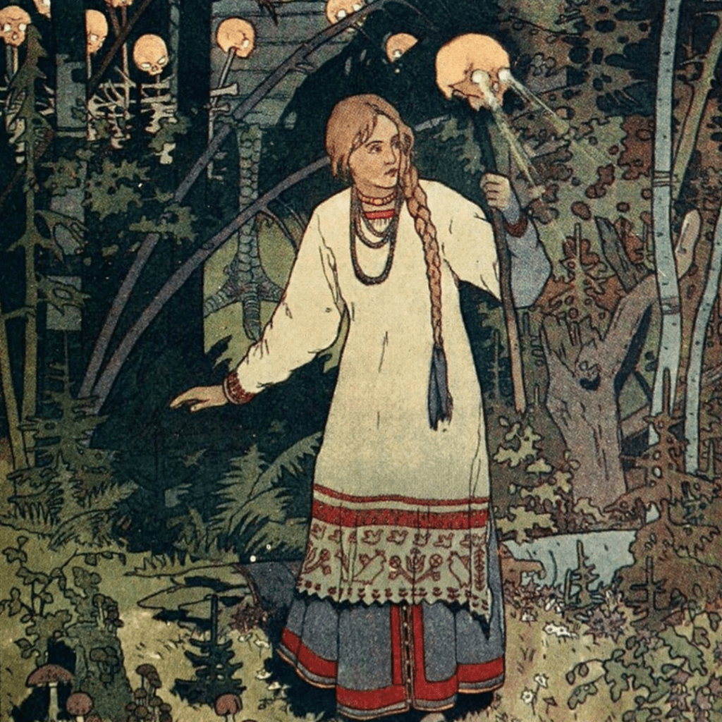 Illustration of a young woman in a dark woods, carrying a branch with a skull with glowing eyes on top.